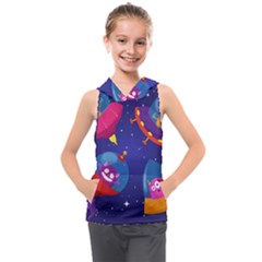 Cartoon-funny-aliens-with-ufo-duck-starry-sky-set Kids  Sleeveless Hoodie by Salman4z