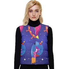 Cartoon-funny-aliens-with-ufo-duck-starry-sky-set Women s Short Button Up Puffer Vest by Salman4z