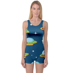 Seamless-pattern-ufo-with-star-space-galaxy-background One Piece Boyleg Swimsuit by Salman4z