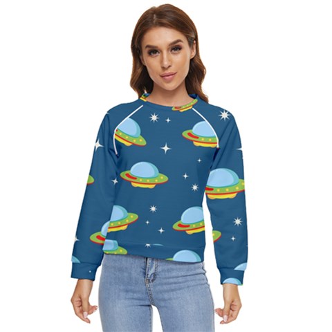 Seamless-pattern-ufo-with-star-space-galaxy-background Women s Long Sleeve Raglan Tee by Salman4z