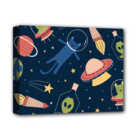 Seamless-pattern-with-funny-aliens-cat-galaxy Deluxe Canvas 14  X 11  (stretched) by Salman4z