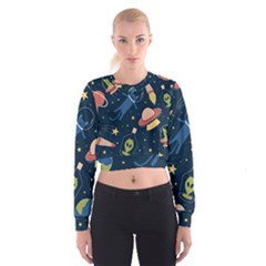 Seamless-pattern-with-funny-aliens-cat-galaxy Cropped Sweatshirt by Salman4z