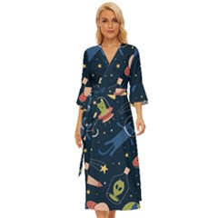 Seamless-pattern-with-funny-aliens-cat-galaxy Midsummer Wrap Dress