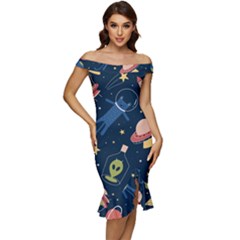 Seamless-pattern-with-funny-aliens-cat-galaxy Off Shoulder Ruffle Split Hem Bodycon Dress by Salman4z