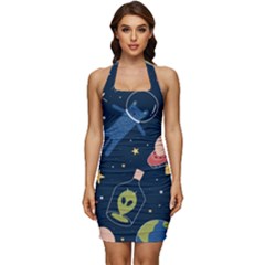 Seamless-pattern-with-funny-aliens-cat-galaxy Sleeveless Wide Square Neckline Ruched Bodycon Dress by Salman4z
