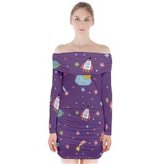 Space-travels-seamless-pattern-vector-cartoon Long Sleeve Off Shoulder Dress by Salman4z