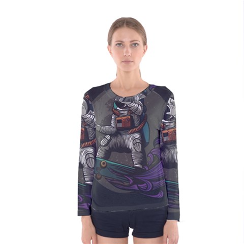 Illustration-astronaut-cosmonaut-paying-skateboard-sport-space-with-astronaut-suit Women s Long Sleeve Tee by Salman4z