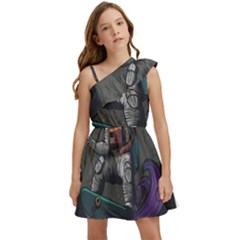 Illustration-astronaut-cosmonaut-paying-skateboard-sport-space-with-astronaut-suit Kids  One Shoulder Party Dress by Salman4z