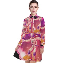 Astronaut-spacesuit-standing-surfboard-surfing-milky-way-stars Long Sleeve Chiffon Shirt Dress by Salman4z