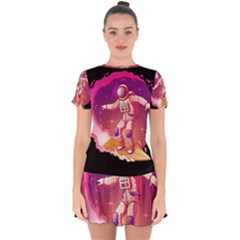 Astronaut-spacesuit-standing-surfboard-surfing-milky-way-stars Drop Hem Mini Chiffon Dress by Salman4z