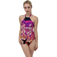 Astronaut-spacesuit-standing-surfboard-surfing-milky-way-stars Go With The Flow One Piece Swimsuit by Salman4z