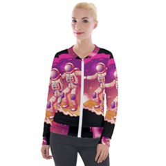 Astronaut-spacesuit-standing-surfboard-surfing-milky-way-stars Velvet Zip Up Jacket by Salman4z