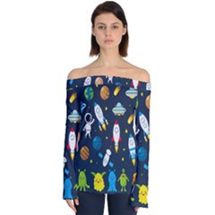 Big-set-cute-astronauts-space-planets-stars-aliens-rockets-ufo-constellations-satellite-moon-rover-v Off Shoulder Long Sleeve Top by Salman4z