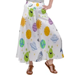 Seamless-pattern-cartoon-space-planets-isolated-white-background Women s Satin Palazzo Pants