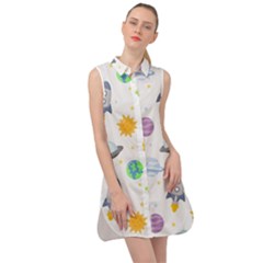 Seamless-pattern-cartoon-space-planets-isolated-white-background Sleeveless Shirt Dress by Salman4z