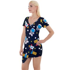 Seamless-adventure-space-vector-pattern-background Short Sleeve Asymmetric Mini Dress by Salman4z