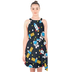 Seamless-adventure-space-vector-pattern-background Halter Collar Waist Tie Chiffon Dress by Salman4z