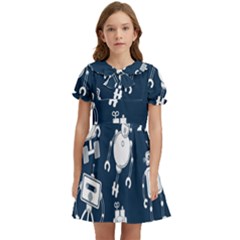 White-robot-blue-seamless-pattern Kids  Bow Tie Puff Sleeve Dress by Salman4z