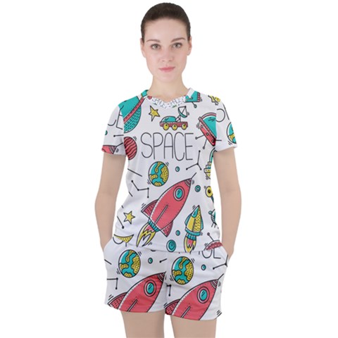 Space-cosmos-seamless-pattern-seamless-pattern-doodle-style Women s Tee And Shorts Set by Salman4z