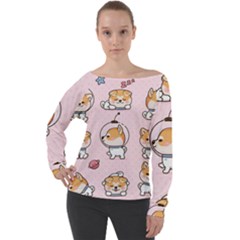 Set-kawaii-smile-japanese-dog-akita-inu-cartoon Off Shoulder Long Sleeve Velour Top