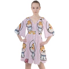 Set-kawaii-smile-japanese-dog-akita-inu-cartoon Boho Button Up Dress by Salman4z