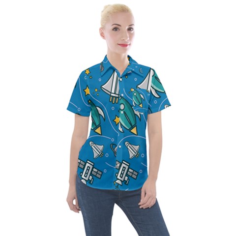 About-space-seamless-pattern Women s Short Sleeve Pocket Shirt by Salman4z