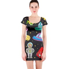 Seamless-pattern-with-space-objects-ufo-rockets-aliens-hand-drawn-elements-space Short Sleeve Bodycon Dress by Salman4z