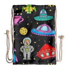 Seamless-pattern-with-space-objects-ufo-rockets-aliens-hand-drawn-elements-space Drawstring Bag (large) by Salman4z