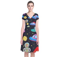 Seamless-pattern-with-space-objects-ufo-rockets-aliens-hand-drawn-elements-space Short Sleeve Front Wrap Dress by Salman4z