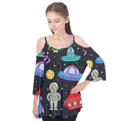 Seamless-pattern-with-space-objects-ufo-rockets-aliens-hand-drawn-elements-space Flutter Sleeve Tee  by Salman4z