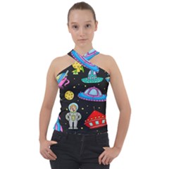 Seamless-pattern-with-space-objects-ufo-rockets-aliens-hand-drawn-elements-space Cross Neck Velour Top by Salman4z