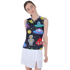 Seamless-pattern-with-space-objects-ufo-rockets-aliens-hand-drawn-elements-space Women s Sleeveless Sports Top by Salman4z