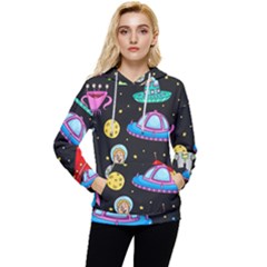 Seamless-pattern-with-space-objects-ufo-rockets-aliens-hand-drawn-elements-space Women s Lightweight Drawstring Hoodie by Salman4z