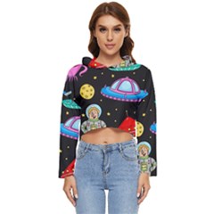 Seamless-pattern-with-space-objects-ufo-rockets-aliens-hand-drawn-elements-space Women s Lightweight Cropped Hoodie by Salman4z