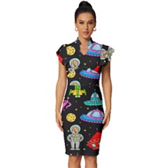Seamless-pattern-with-space-objects-ufo-rockets-aliens-hand-drawn-elements-space Vintage Frill Sleeve V-neck Bodycon Dress by Salman4z