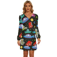 Seamless-pattern-with-space-objects-ufo-rockets-aliens-hand-drawn-elements-space Long Sleeve Waist Tie Ruffle Velvet Dress by Salman4z