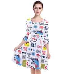 Monster-cool-seamless-pattern Quarter Sleeve Waist Band Dress