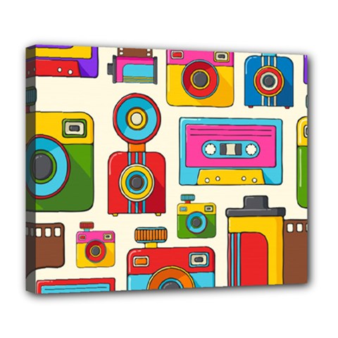 Retro-cameras-audio-cassettes-hand-drawn-pop-art-style-seamless-pattern Deluxe Canvas 24  X 20  (stretched) by Salman4z