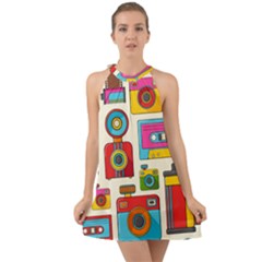 Retro-cameras-audio-cassettes-hand-drawn-pop-art-style-seamless-pattern Halter Tie Back Chiffon Dress