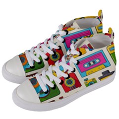 Retro-cameras-audio-cassettes-hand-drawn-pop-art-style-seamless-pattern Women s Mid-top Canvas Sneakers by Salman4z