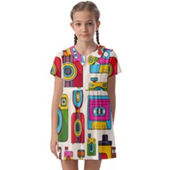 Retro-cameras-audio-cassettes-hand-drawn-pop-art-style-seamless-pattern Kids  Asymmetric Collar Dress by Salman4z