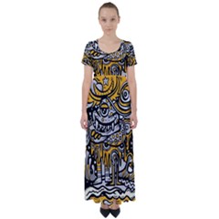 Crazy-abstract-doodle-social-doodle-drawing-style High Waist Short Sleeve Maxi Dress