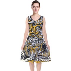 Crazy-abstract-doodle-social-doodle-drawing-style V-Neck Midi Sleeveless Dress 