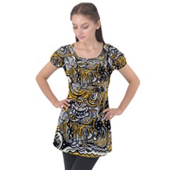 Crazy-abstract-doodle-social-doodle-drawing-style Puff Sleeve Tunic Top