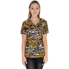 Crazy-abstract-doodle-social-doodle-drawing-style Women s V-Neck Scrub Top