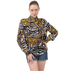 Crazy-abstract-doodle-social-doodle-drawing-style High Neck Long Sleeve Chiffon Top