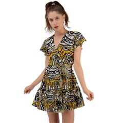 Crazy-abstract-doodle-social-doodle-drawing-style Flutter Sleeve Wrap Dress