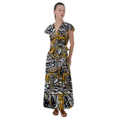 Crazy-abstract-doodle-social-doodle-drawing-style Flutter Sleeve Maxi Dress by Salman4z