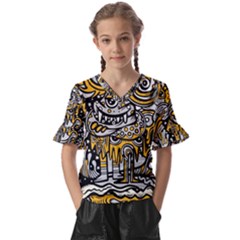 Crazy-abstract-doodle-social-doodle-drawing-style Kids  V-Neck Horn Sleeve Blouse