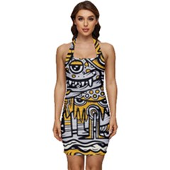 Crazy-abstract-doodle-social-doodle-drawing-style Sleeveless Wide Square Neckline Ruched Bodycon Dress